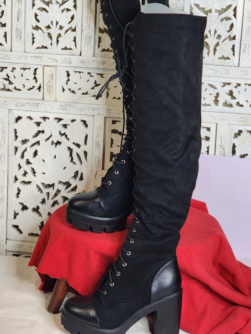 Fashion Nova Los Angeles Black Blogger Suede Over The Knee Lace Up Boots Sz 8.5M
